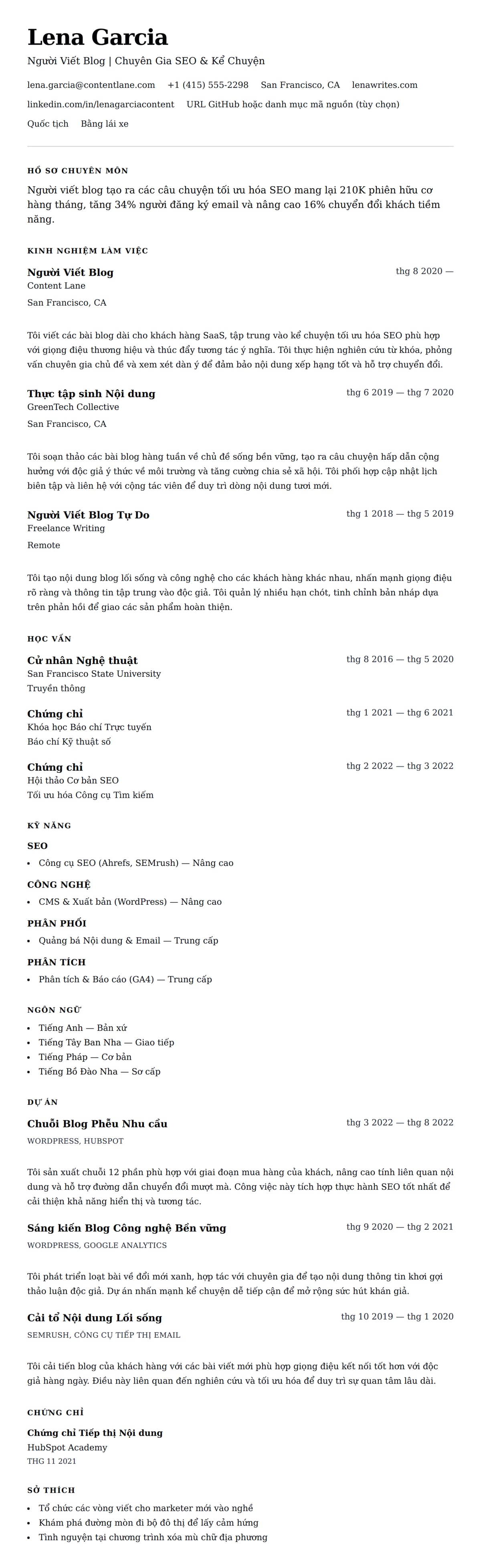 Xem trước CV cho Ví Dụ Sơ Yếu Lý Lịch Người Viết Blog