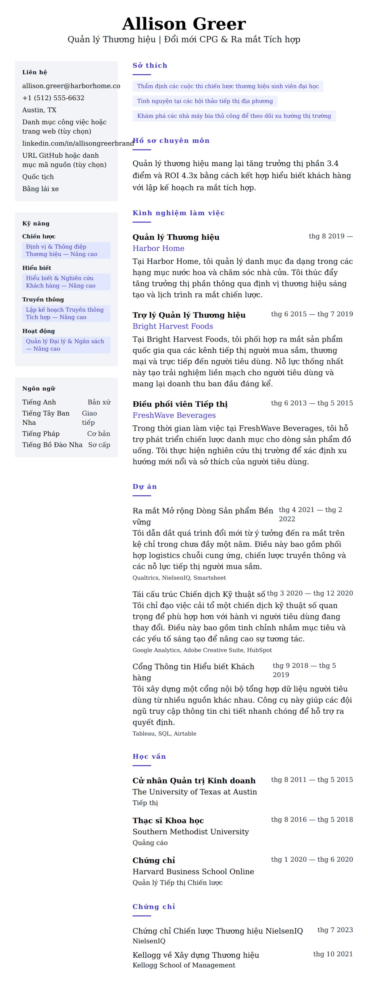 Xem trước CV cho Ví dụ Sơ yếu lý lịch Quản lý Thương hiệu