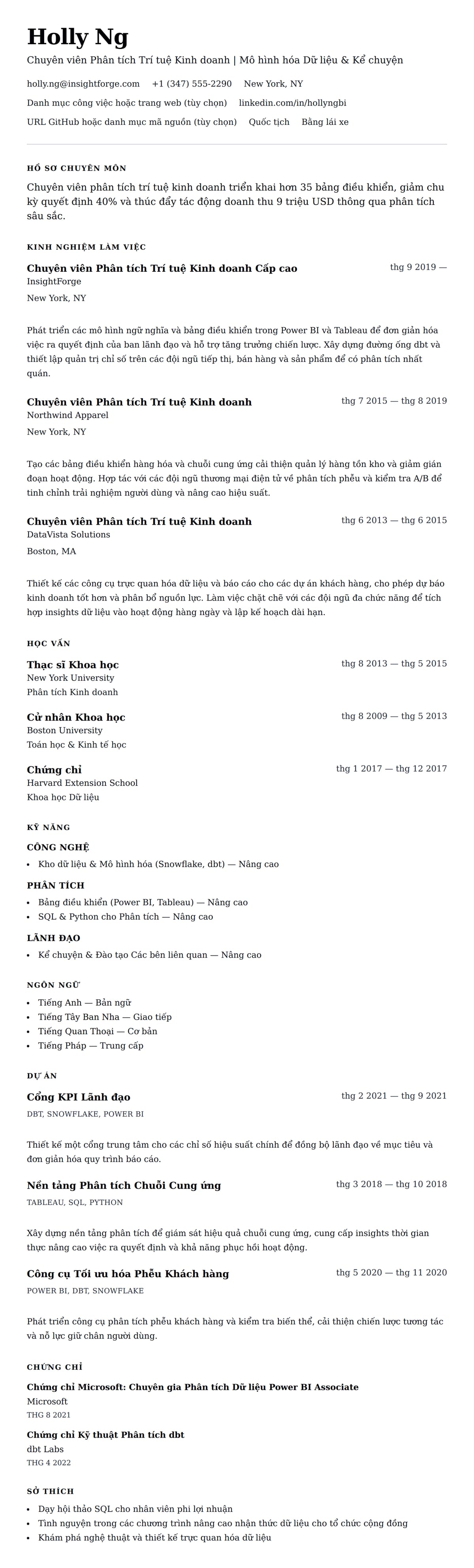 Xem trước CV cho Ví dụ Sơ yếu lý lịch Chuyên viên Phân tích Trí tuệ Kinh doanh