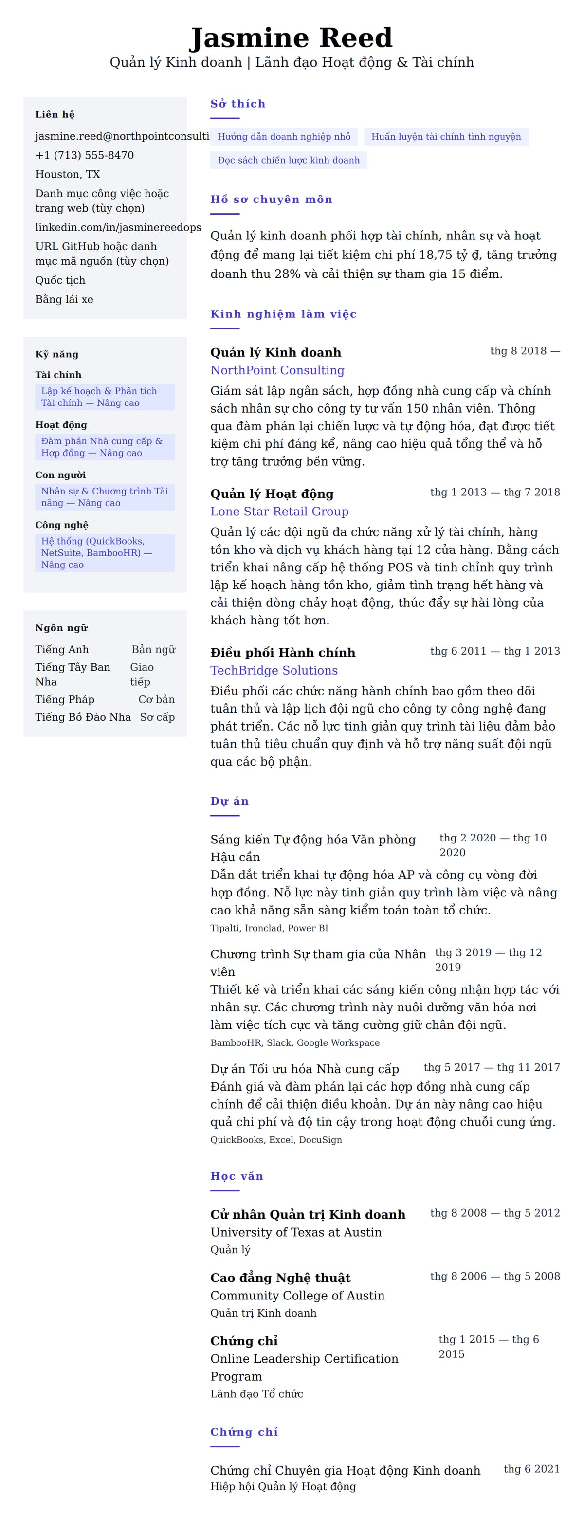 Xem trước CV cho Ví dụ Sơ yếu lý lịch Quản lý Kinh doanh