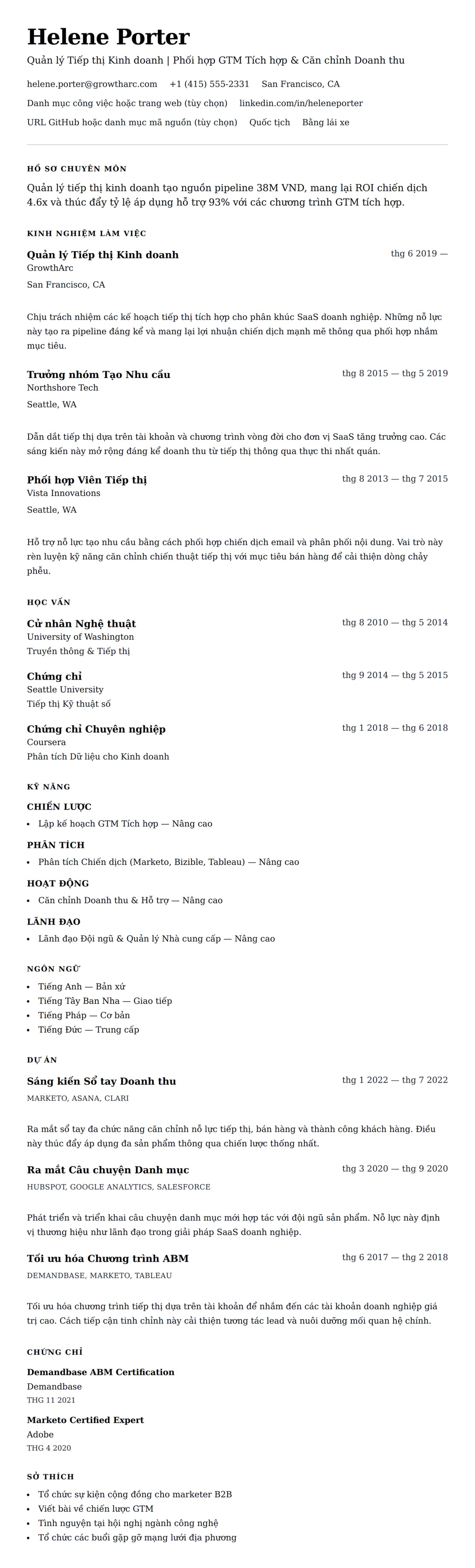 Xem trước CV cho Ví dụ Sơ yếu lý lịch Quản lý Tiếp thị Kinh doanh