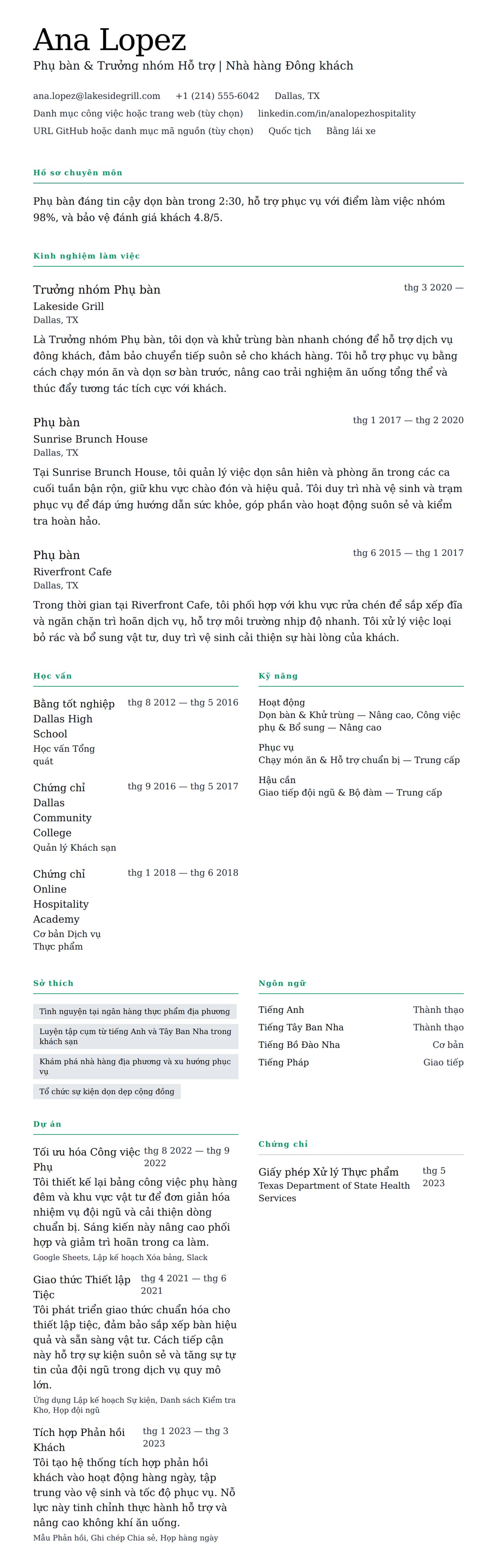 Xem trước CV cho Ví dụ Sơ yếu lý lịch Phụ bàn