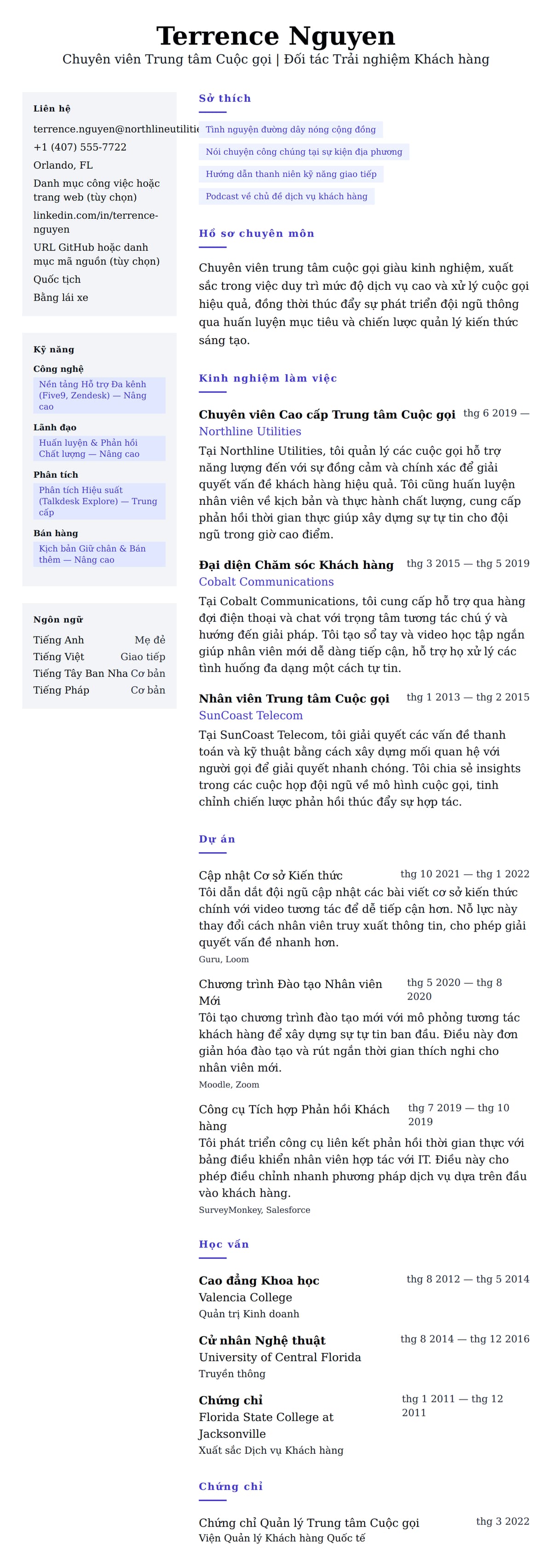 Ví dụ Sơ yếu lý lịch Chuyên viên Trung tâm Cuộc gọi