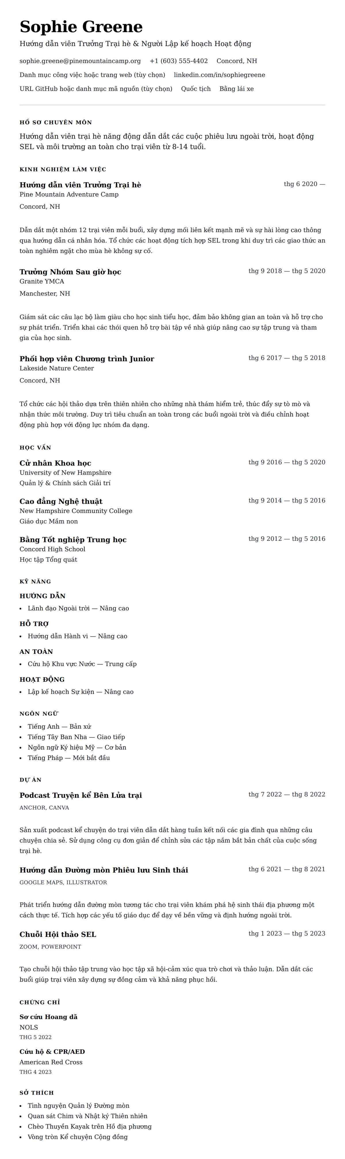 Xem trước CV cho Ví dụ Sơ yếu lý lịch Hướng dẫn viên Trại hè