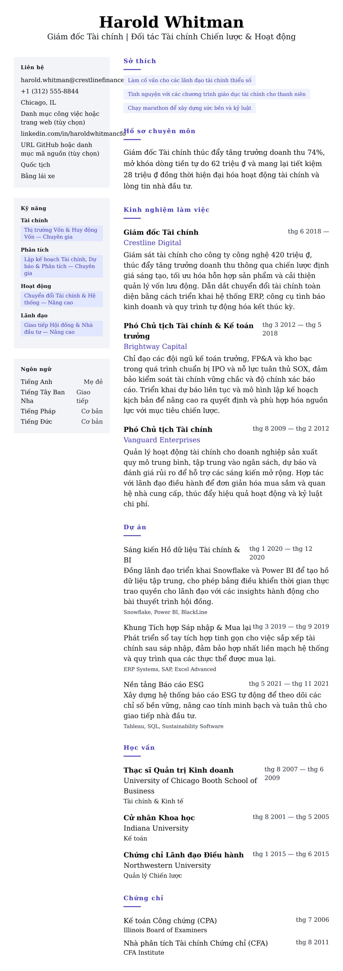 Xem trước CV cho Ví dụ Sơ yếu lý lịch Giám đốc Tài chính