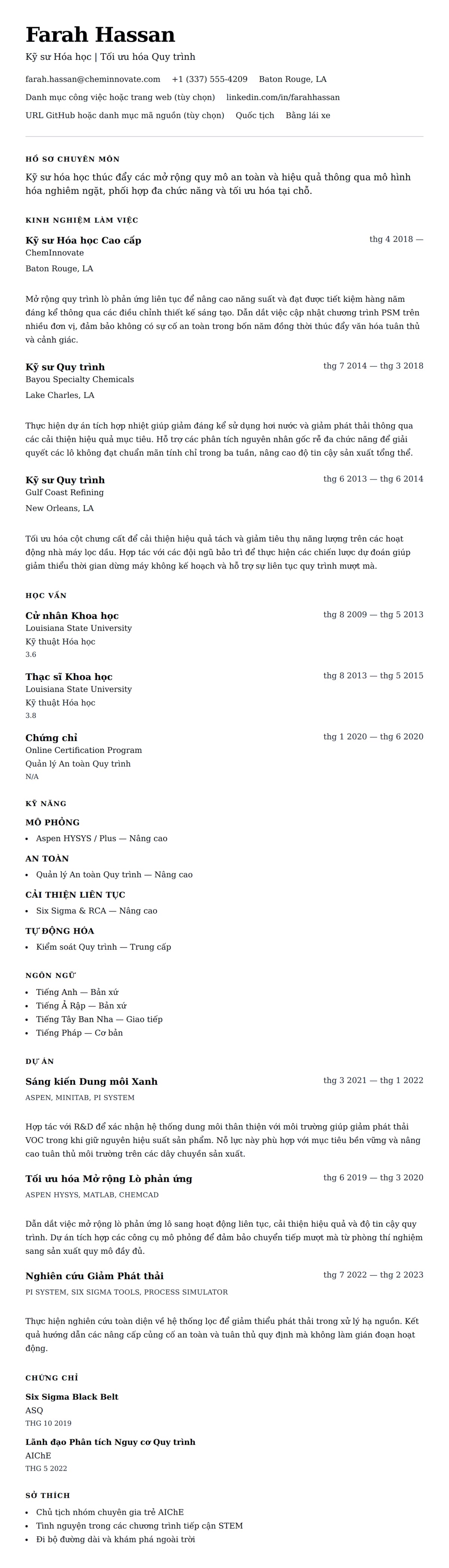 Xem trước CV cho Ví dụ Sơ yếu lý lịch Kỹ sư Hóa học