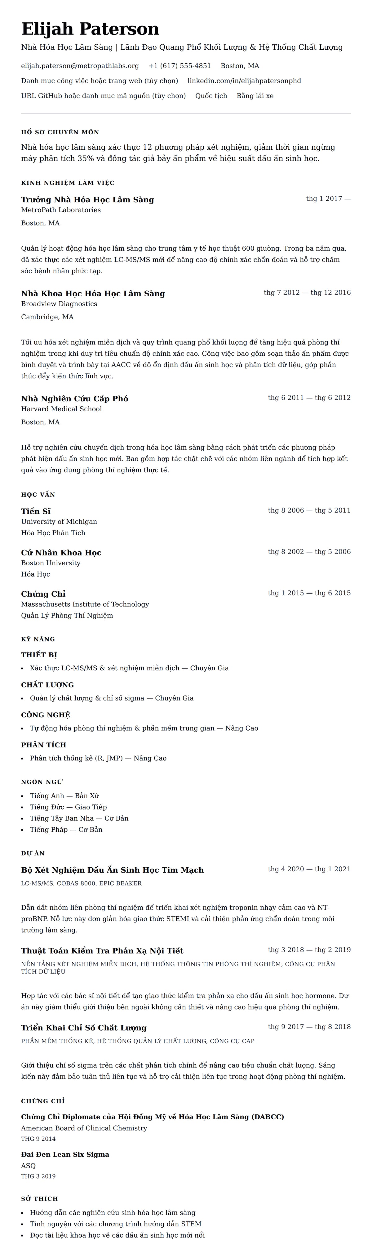 Xem trước CV cho Ví Dụ Sơ Yếu Lý Lịch Nhà Hóa Học Lâm Sàng