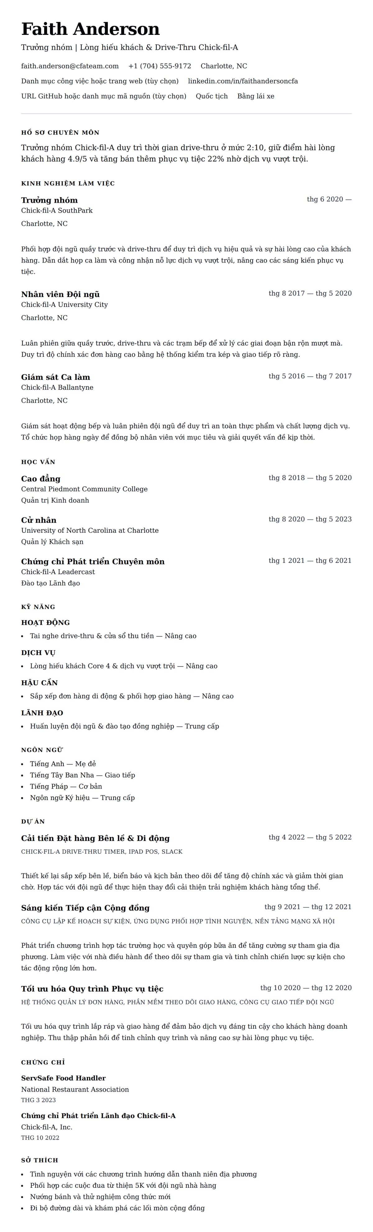 Xem trước CV cho Ví dụ Sơ yếu lý lịch Nhân viên Đội ngũ Chick-fil-A