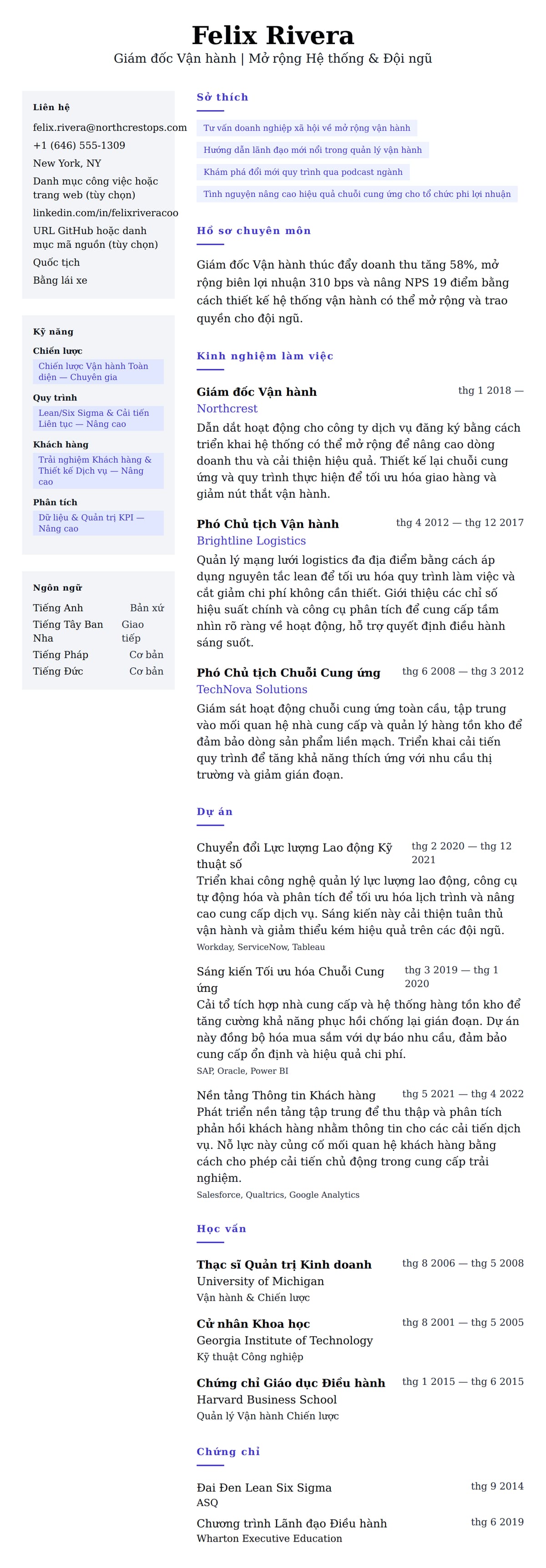 Xem trước CV cho Ví dụ Sơ yếu lý lịch Giám đốc Vận hành