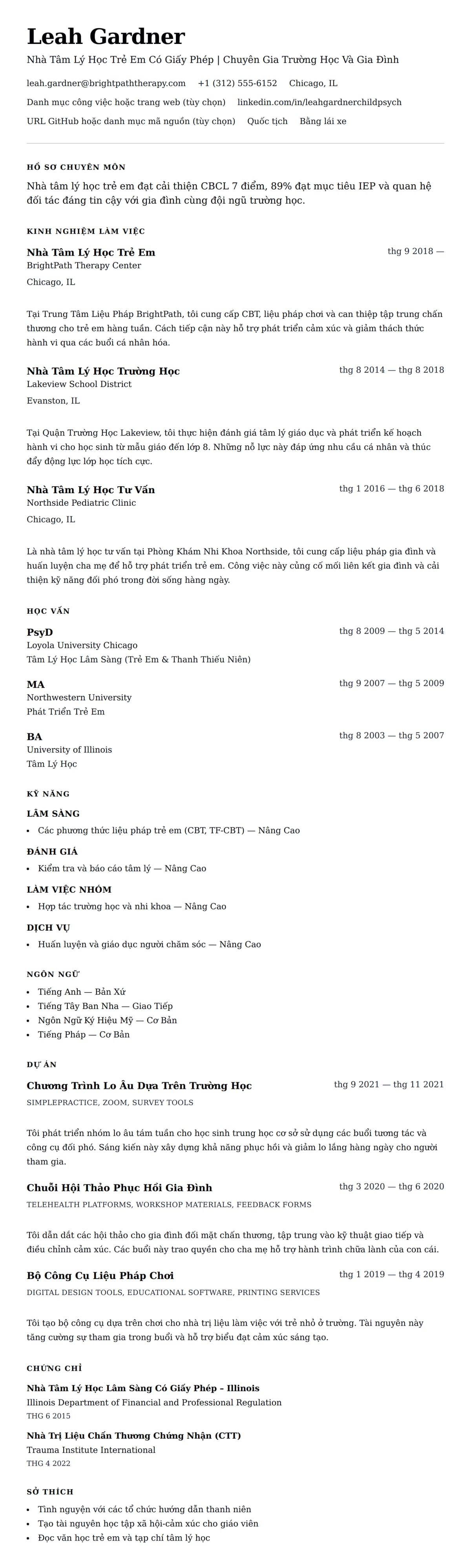 Xem trước CV cho Ví Dụ Sơ Yếu Lý Lịch Nhà Tâm Lý Học Trẻ Em