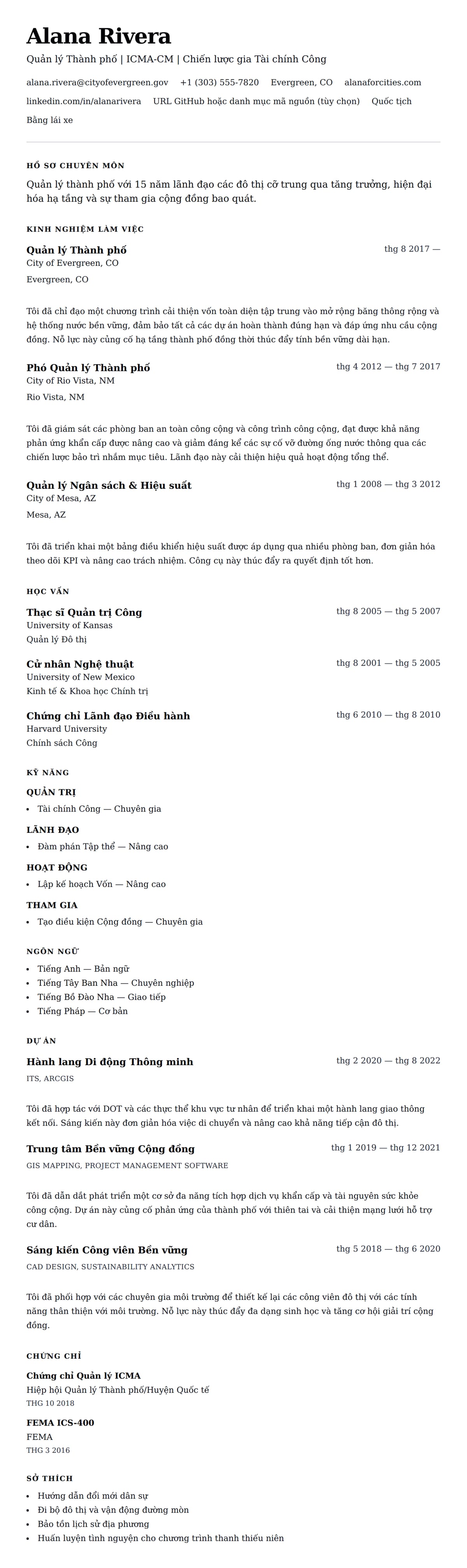 Xem trước CV cho Ví dụ Sơ yếu lý lịch Quản lý Thành phố