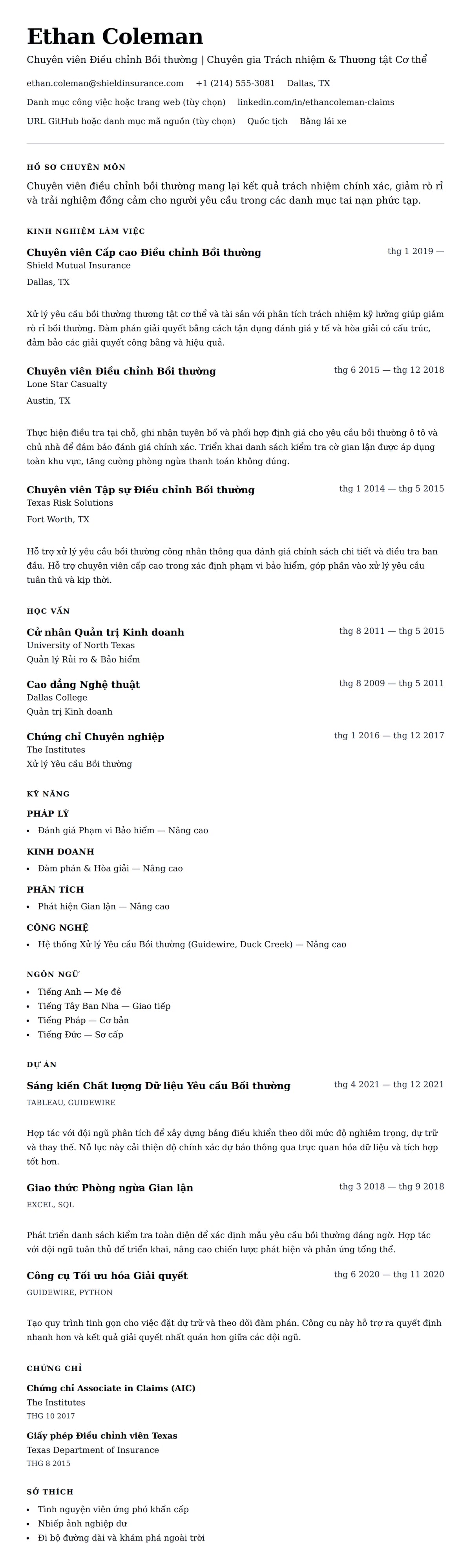 Xem trước CV cho Ví dụ Sơ yếu lý lịch Chuyên viên Điều chỉnh Bồi thường