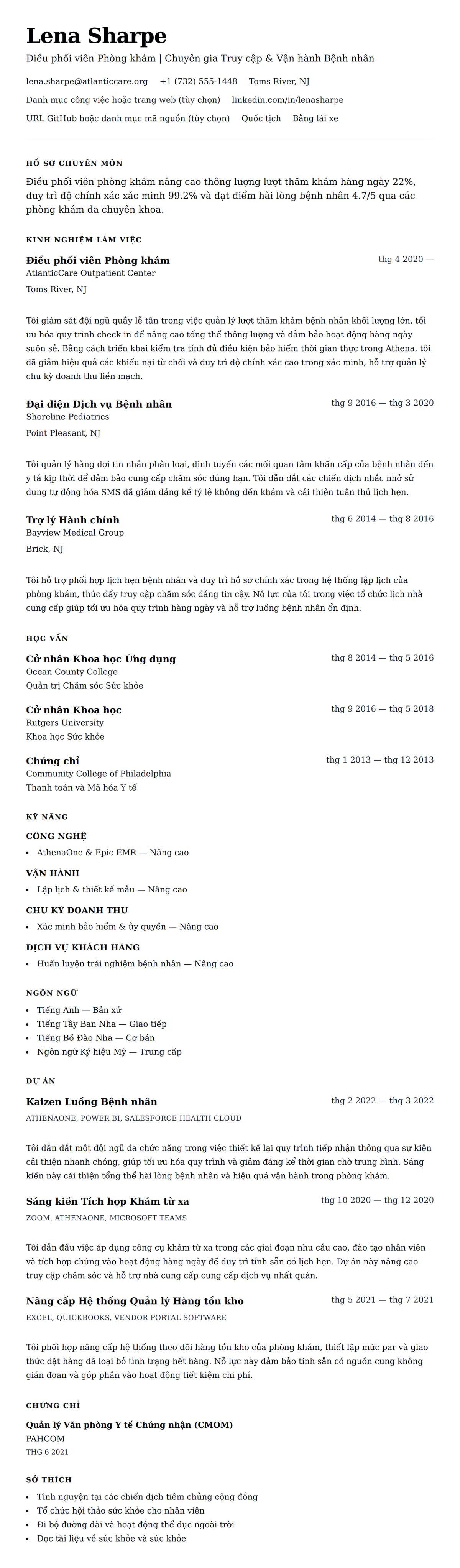 Xem trước CV cho Ví dụ Sơ yếu lý lịch Điều phối viên Phòng khám