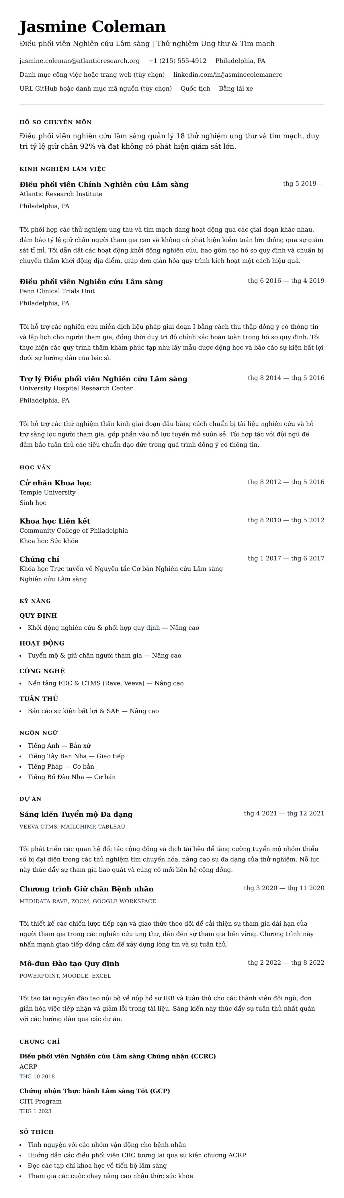 Xem trước CV cho Ví dụ Sơ yếu lý lịch Điều phối viên Nghiên cứu Lâm sàng