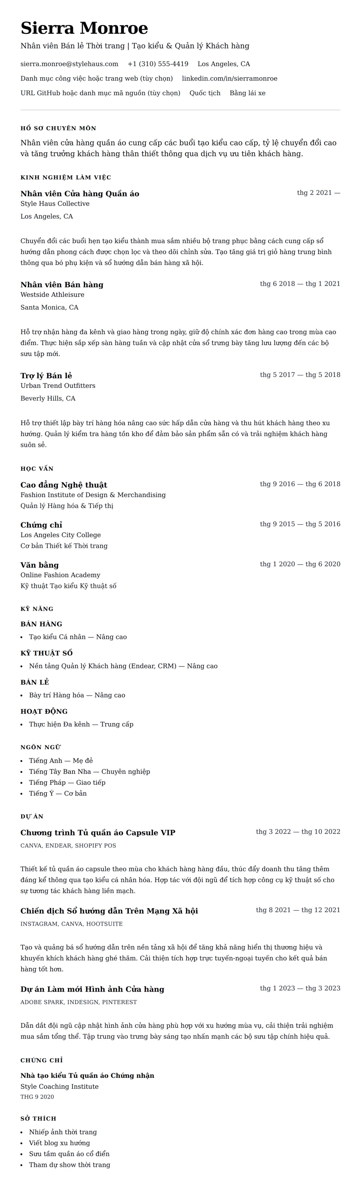 Xem trước CV cho Ví dụ Sơ yếu lý lịch Nhân viên Cửa hàng Quần áo