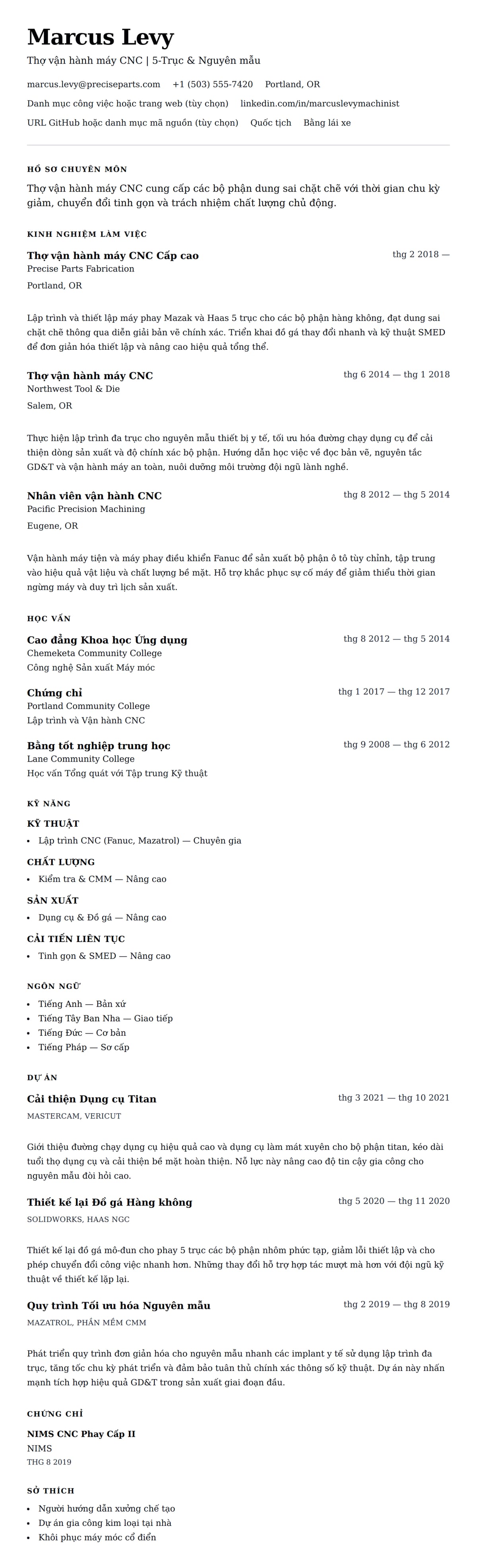 Xem trước CV cho Ví dụ sơ yếu lý lịch thợ vận hành máy CNC