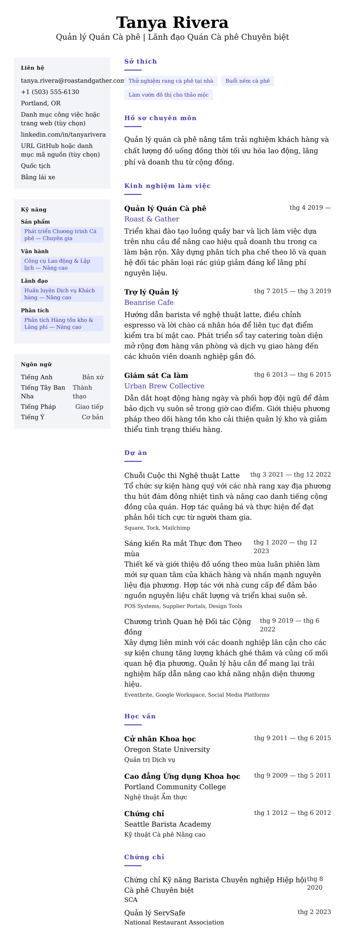 Xem trước CV cho Ví dụ Sơ yếu lý lịch Quản lý Quán Cà phê