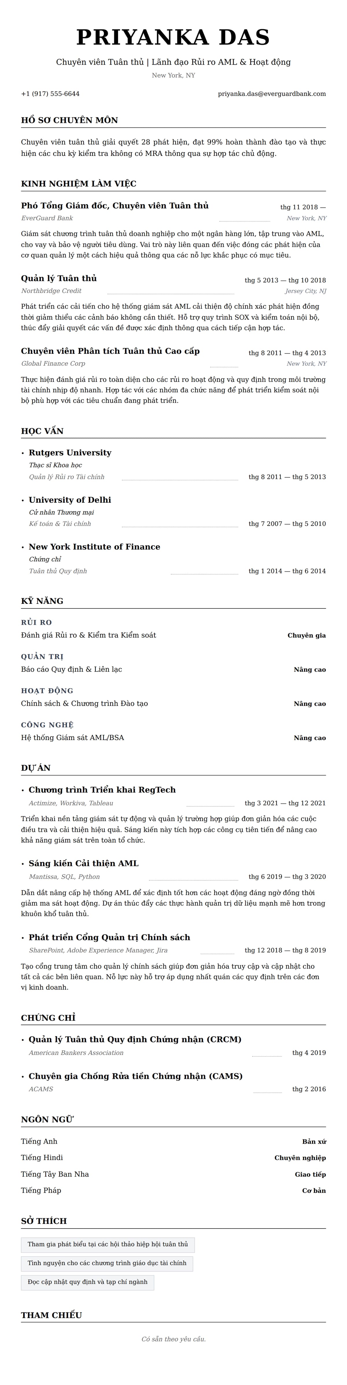 Xem trước CV cho Ví dụ Sơ yếu lý lịch Chuyên viên Tuân thủ