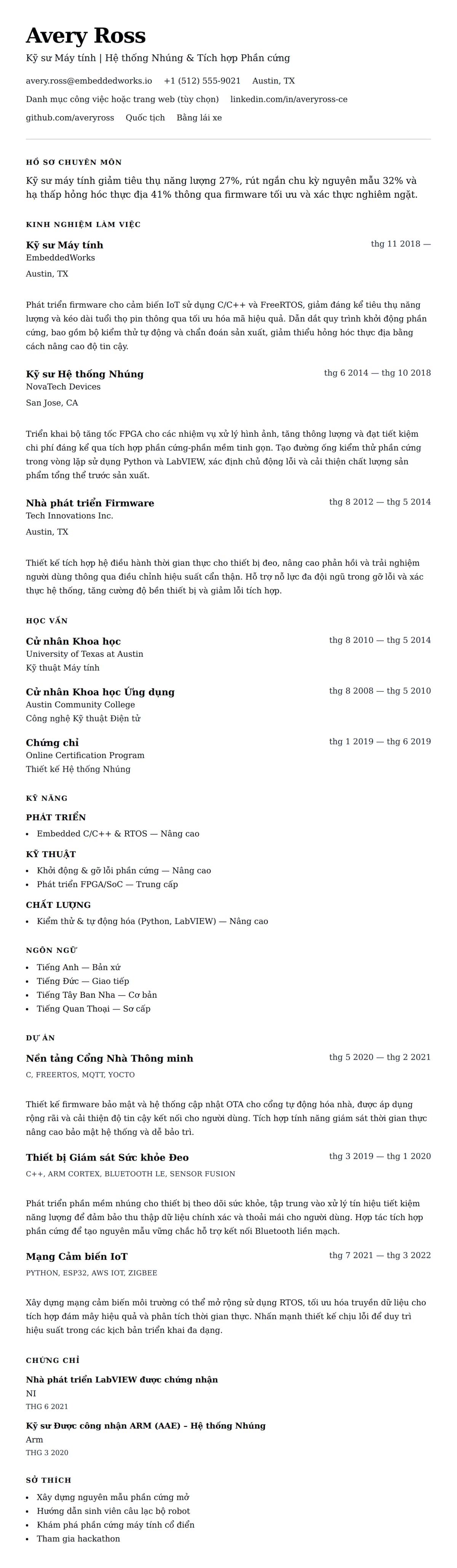 Ví dụ Sơ yếu lý lịch Kỹ sư Máy tính