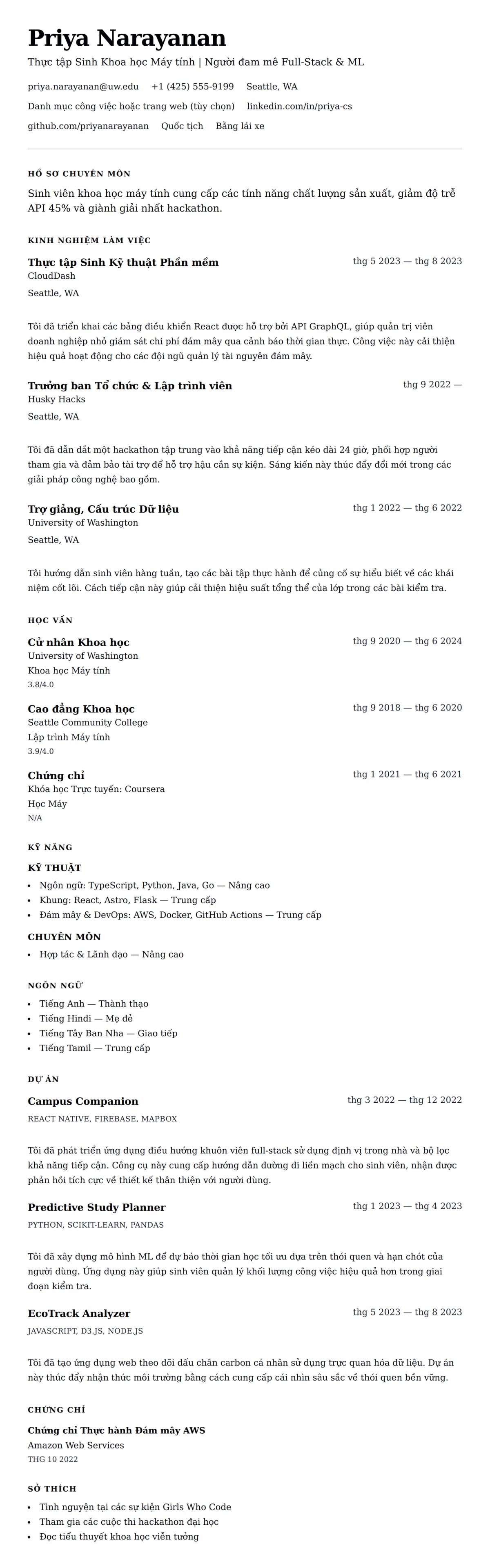 Xem trước CV cho Ví dụ Sơ yếu lý lịch Thực tập Khoa học Máy tính