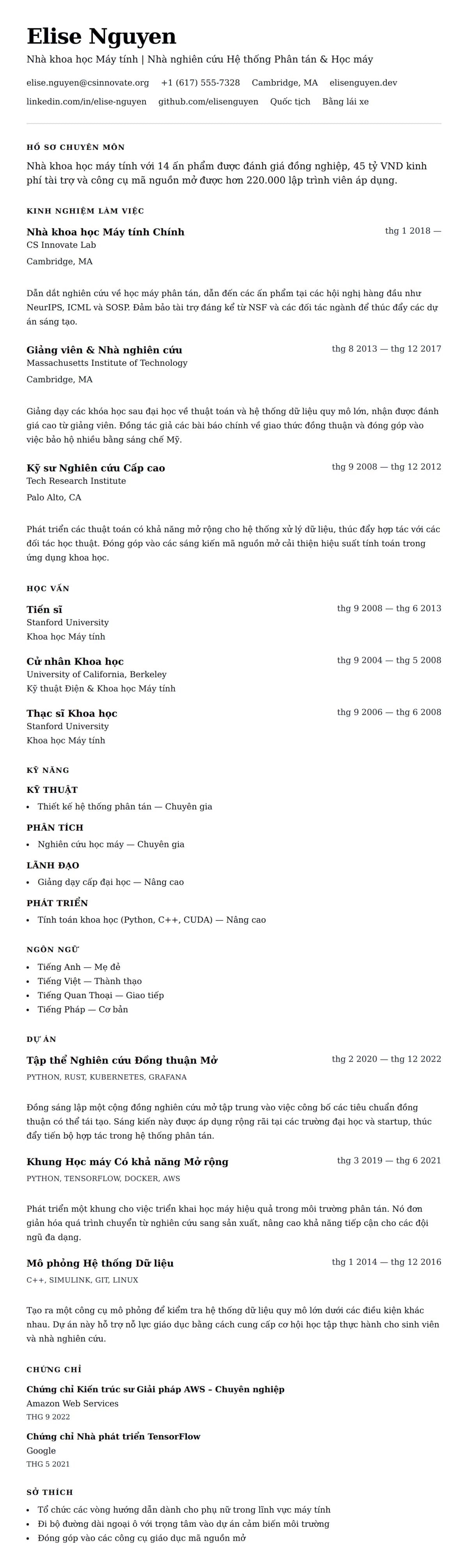 Xem trước CV cho Ví dụ Sơ yếu lý lịch Chuyên gia Khoa học Máy tính