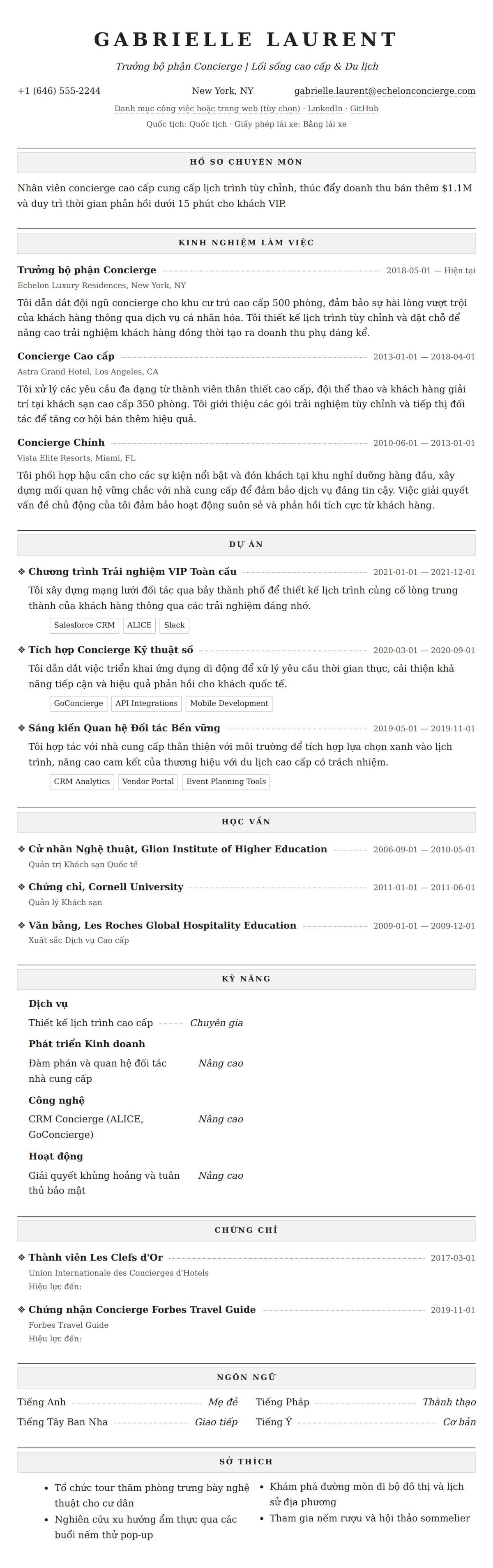 Xem trước CV cho Mẫu CV Nhân viên Concierge