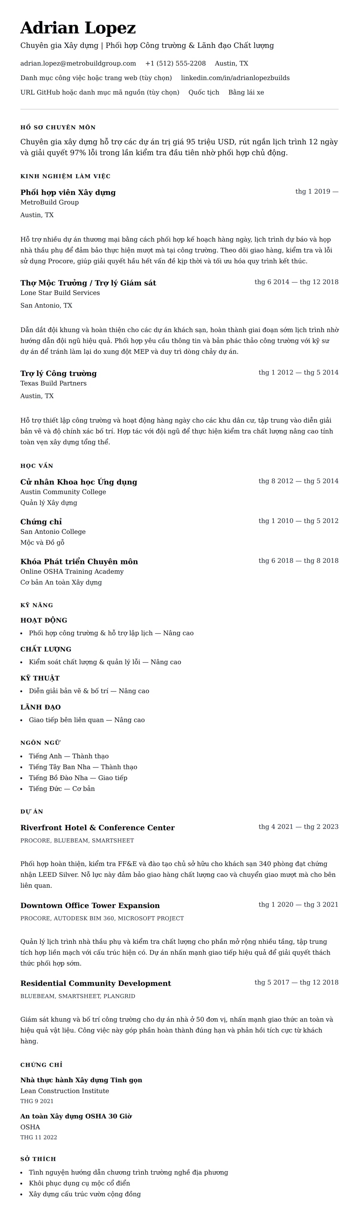 Xem trước CV cho Ví dụ Sơ yếu lý lịch Chuyên gia Xây dựng