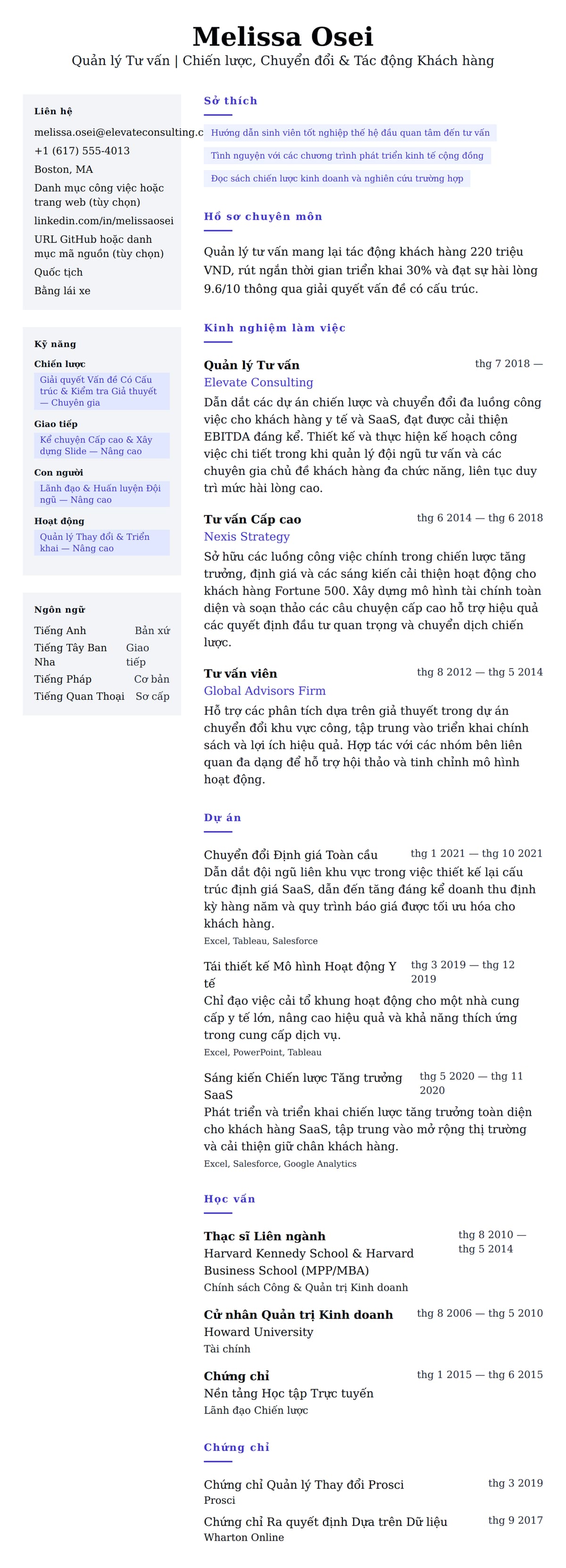Xem trước CV cho Ví dụ Sơ yếu lý lịch Quản lý Tư vấn