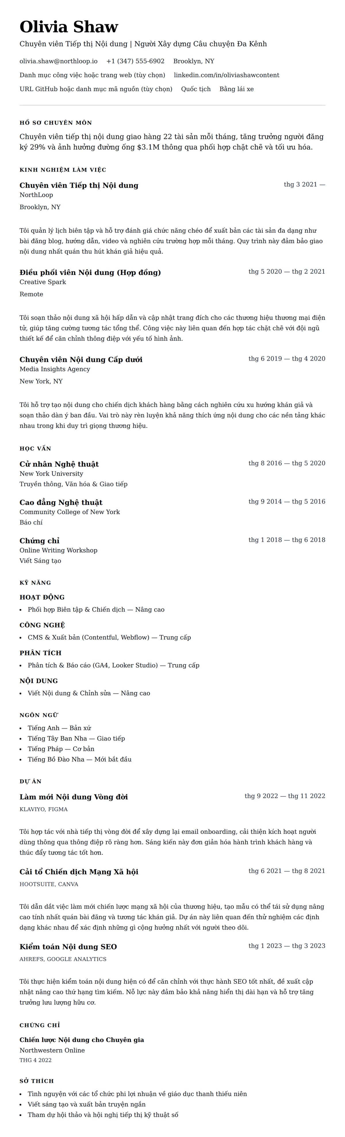 Xem trước CV cho Ví dụ Sơ yếu lý lịch Chuyên viên Tiếp thị Nội dung