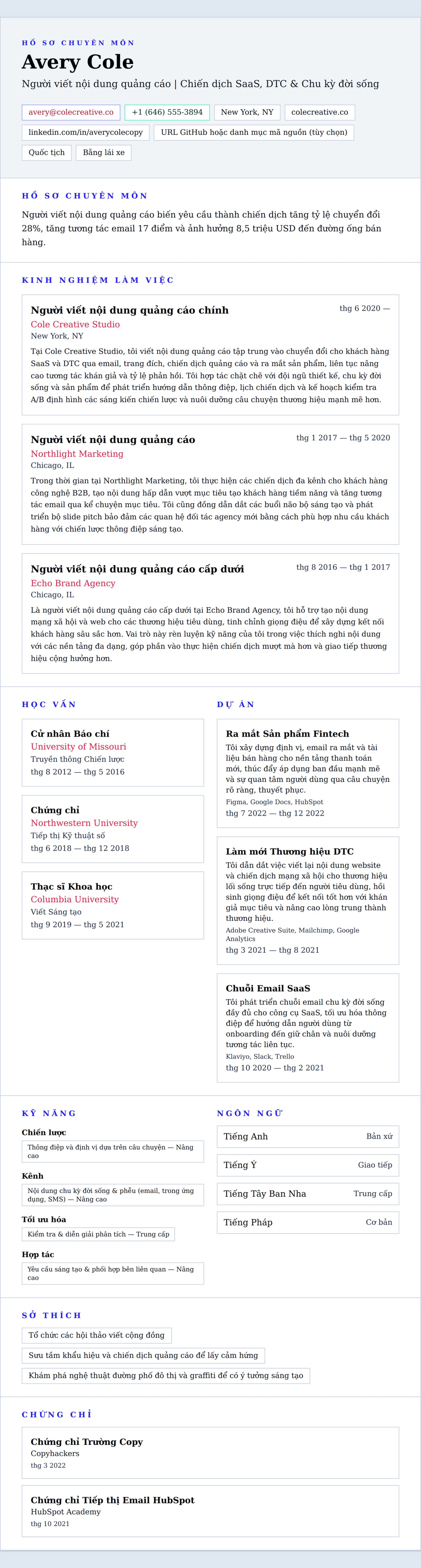 Xem trước CV cho Ví dụ sơ yếu lý lịch người viết nội dung quảng cáo