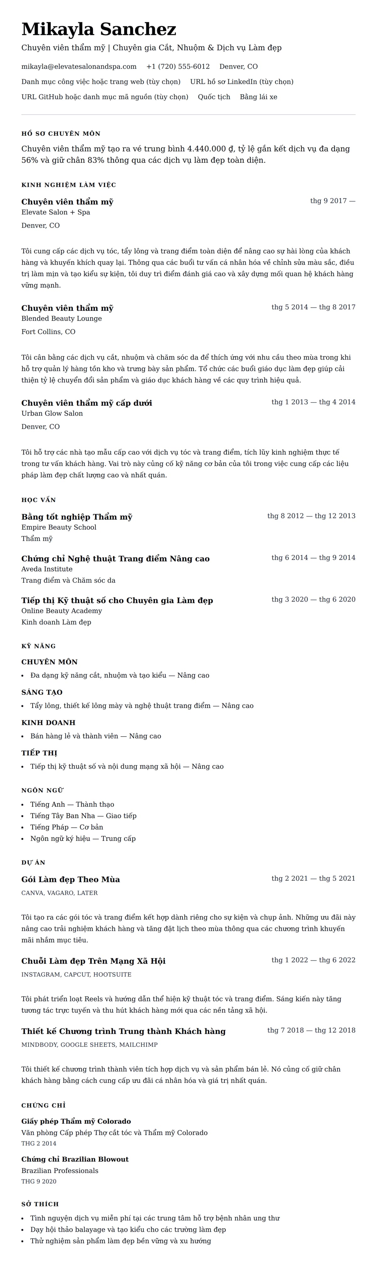Xem trước CV cho Ví dụ Sơ yếu lý lịch Chuyên viên thẩm mỹ