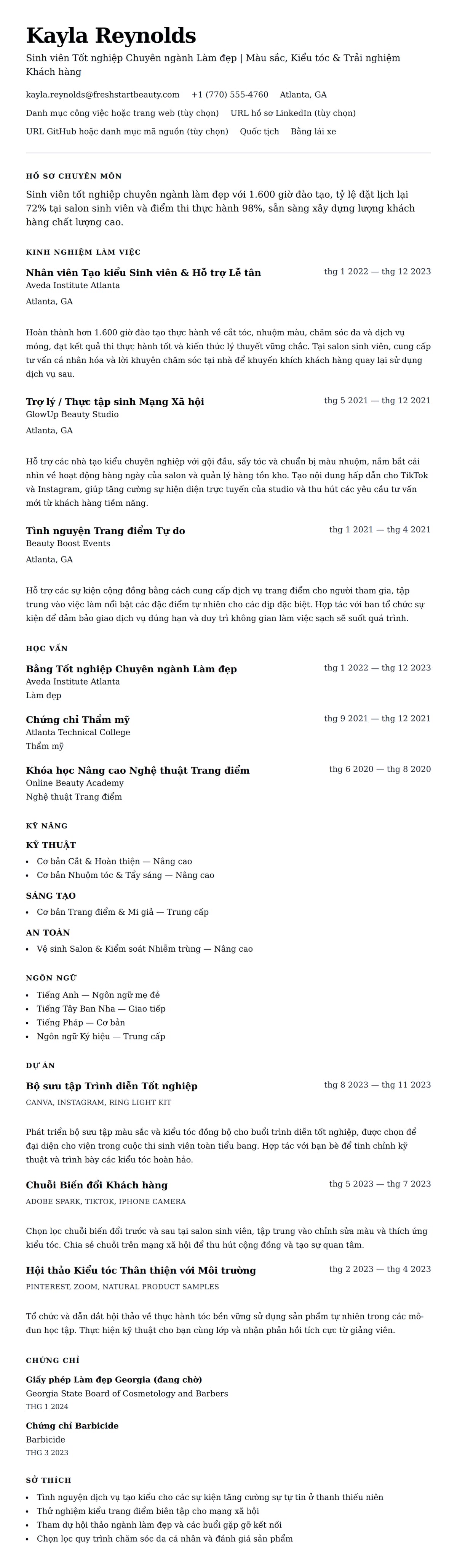 Xem trước CV cho Ví dụ Sơ yếu lý lịch cho Sinh viên Tốt nghiệp Chuyên ngành Làm đẹp