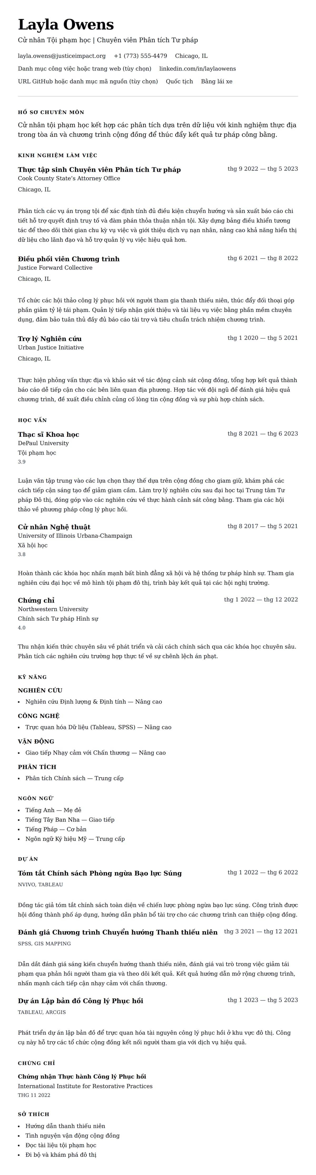 Xem trước CV cho Ví dụ Sơ yếu lý lịch Cử nhân Tội phạm học