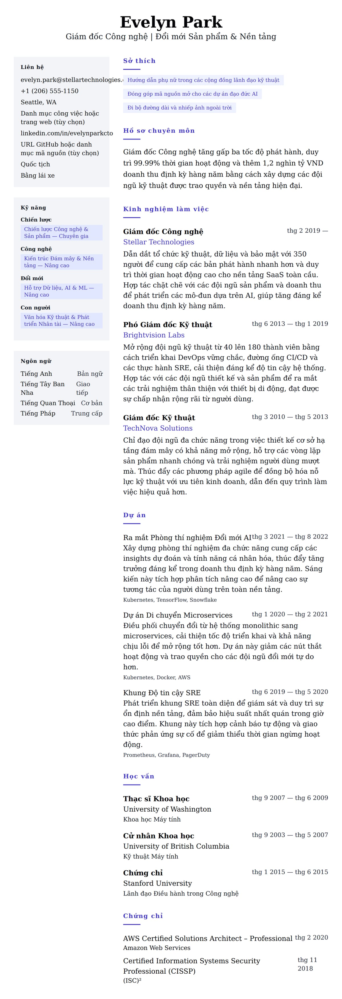 Xem trước CV cho Ví dụ Sơ yếu lý lịch Giám đốc Công nghệ