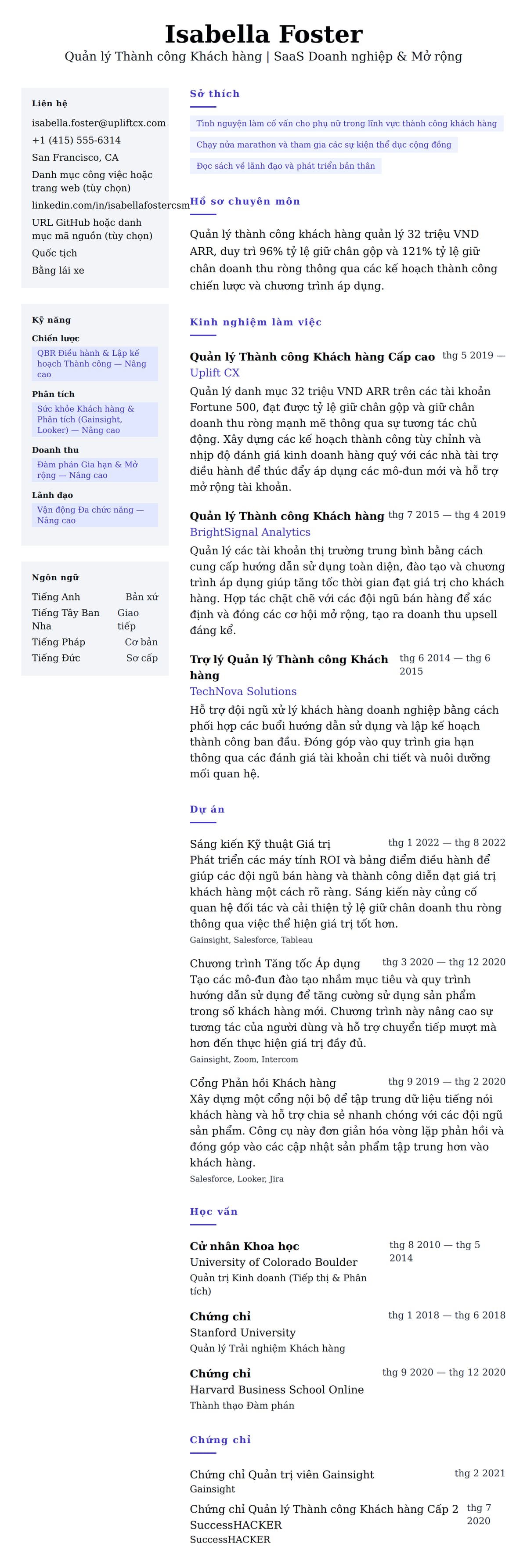 Xem trước CV cho Ví dụ Sơ yếu lý lịch Quản lý Thành công Khách hàng