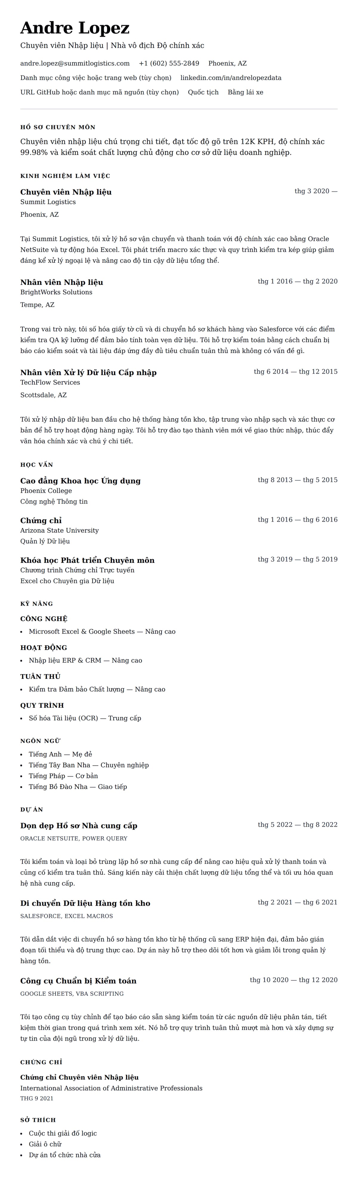 Xem trước CV cho Ví dụ Sơ yếu lý lịch Chuyên viên Nhập liệu