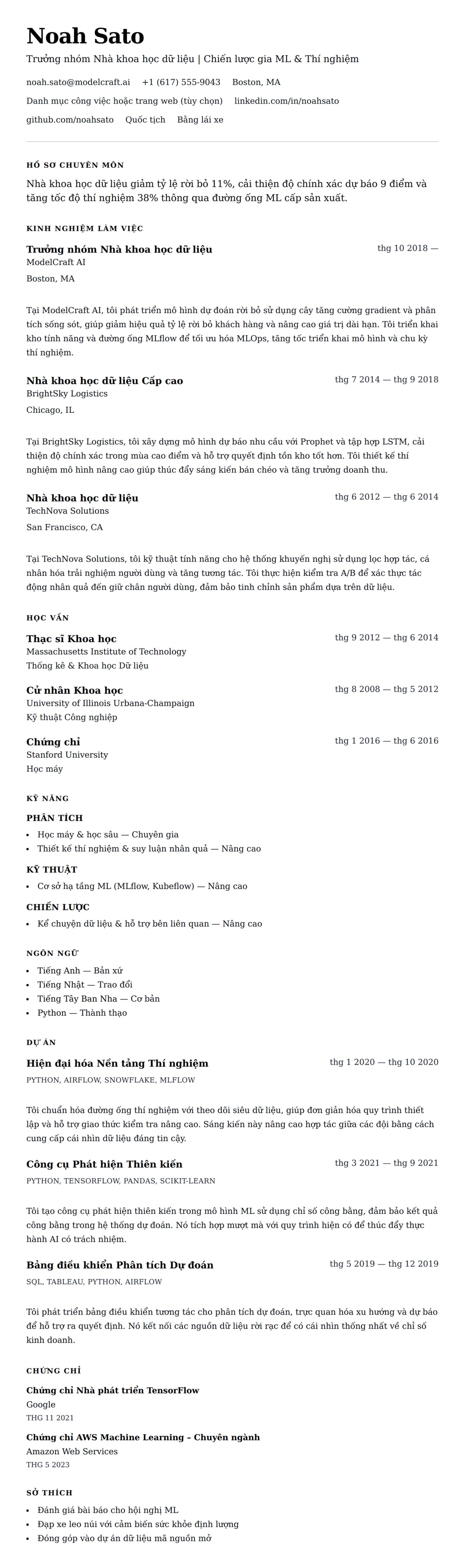 Xem trước CV cho Ví dụ Sơ yếu lý lịch Nhà khoa học dữ liệu