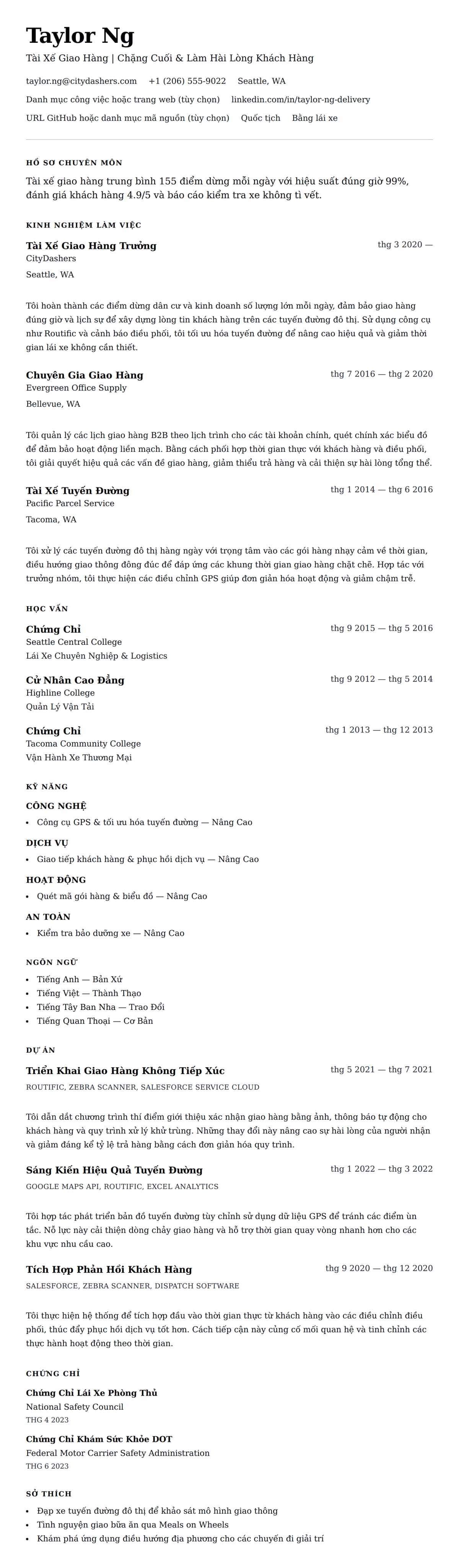 Xem trước CV cho Ví Dụ Sơ Yếu Lý Lịch Tài Xế Giao Hàng