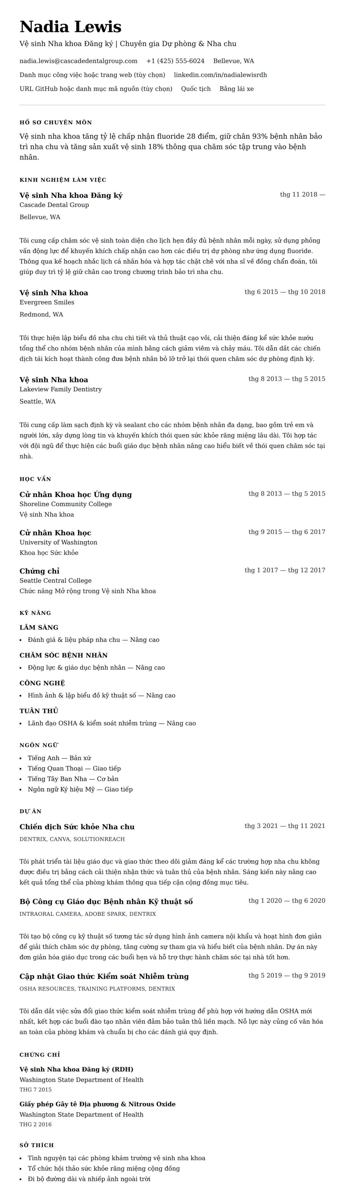 Xem trước CV cho Ví dụ Sơ yếu lý lịch Vệ sinh Nha khoa