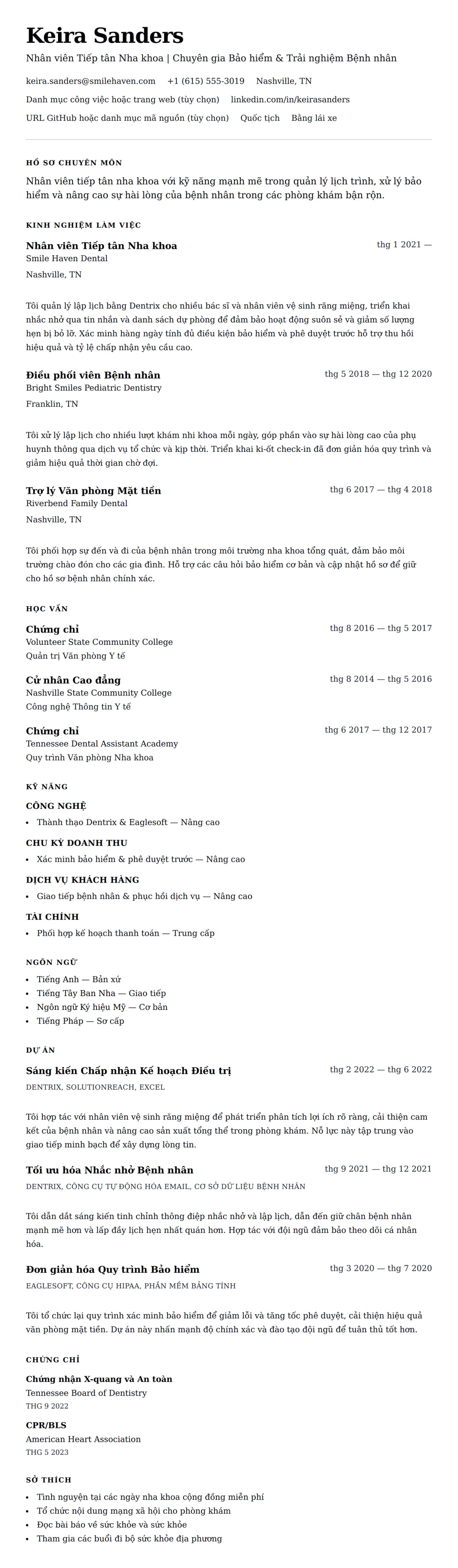 Xem trước CV cho Ví dụ Sơ yếu lý lịch Nhân viên Tiếp tân Nha khoa