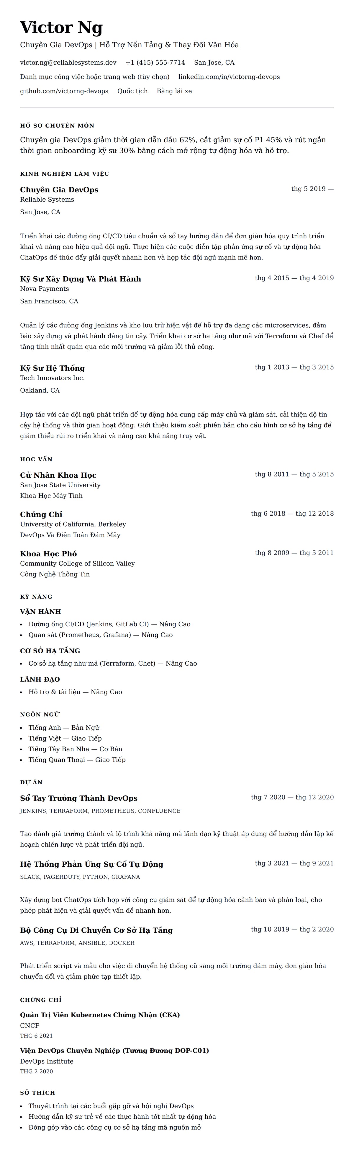Xem trước CV cho Ví Dụ Sơ Yếu Lý Lịch Chuyên Gia DevOps
