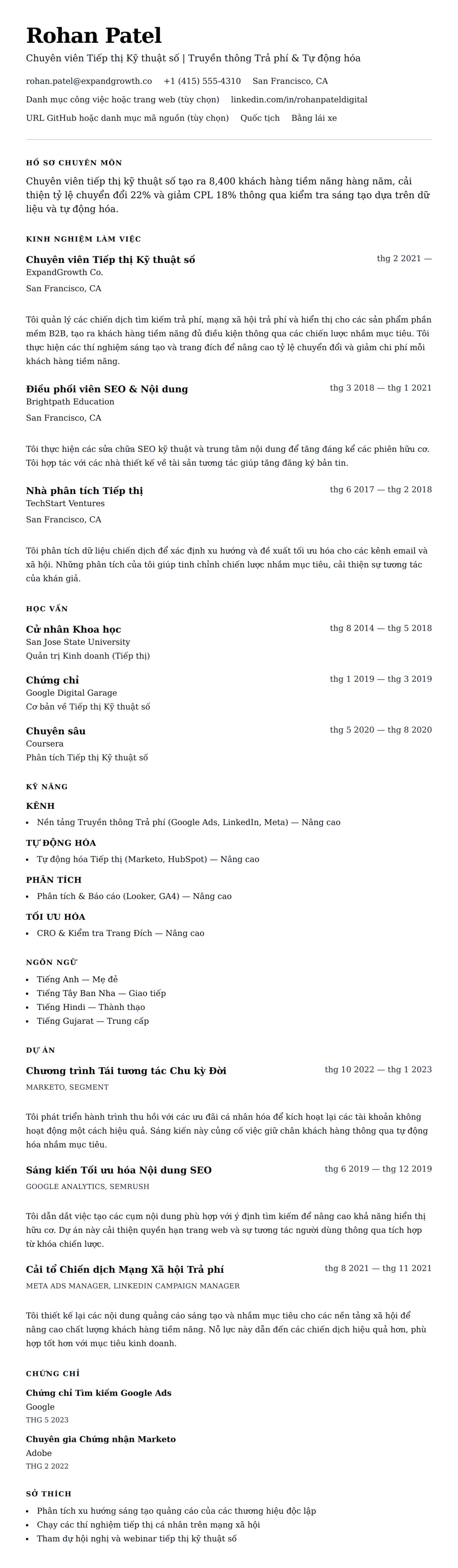 Xem trước CV cho Ví dụ Sơ yếu lý lịch Chuyên viên Tiếp thị Kỹ thuật số