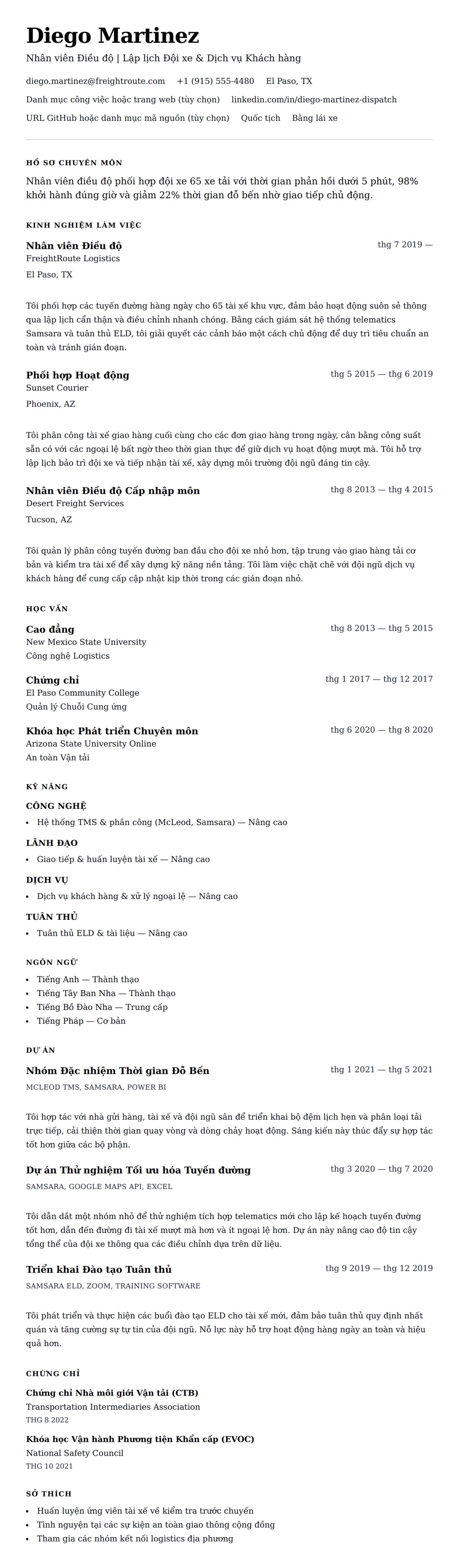 Xem trước CV cho Ví dụ Sơ yếu lý lịch Nhân viên Điều độ