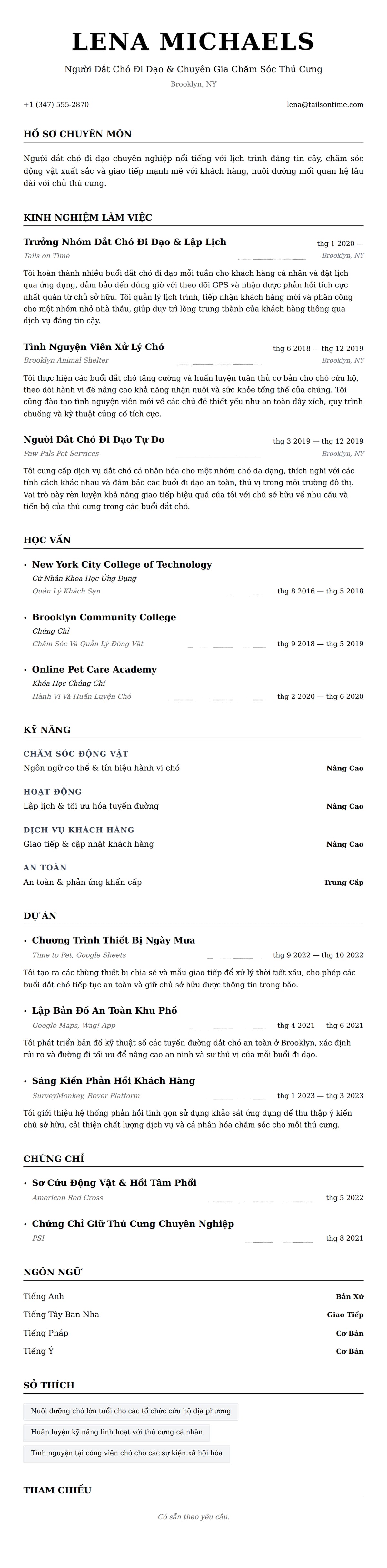 Xem trước CV cho Ví Dụ Sơ Yếu Lý Lịch Người Dắt Chó Đi Dạo
