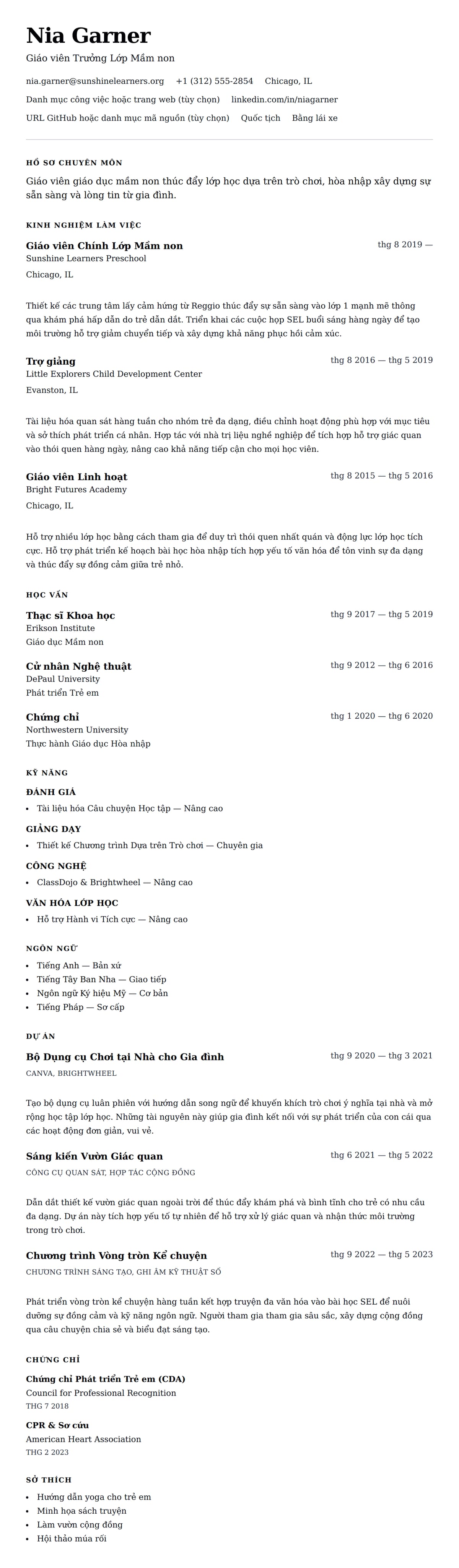 Xem trước CV cho Ví dụ Sơ yếu lý lịch Giáo viên Giáo dục Mầm non